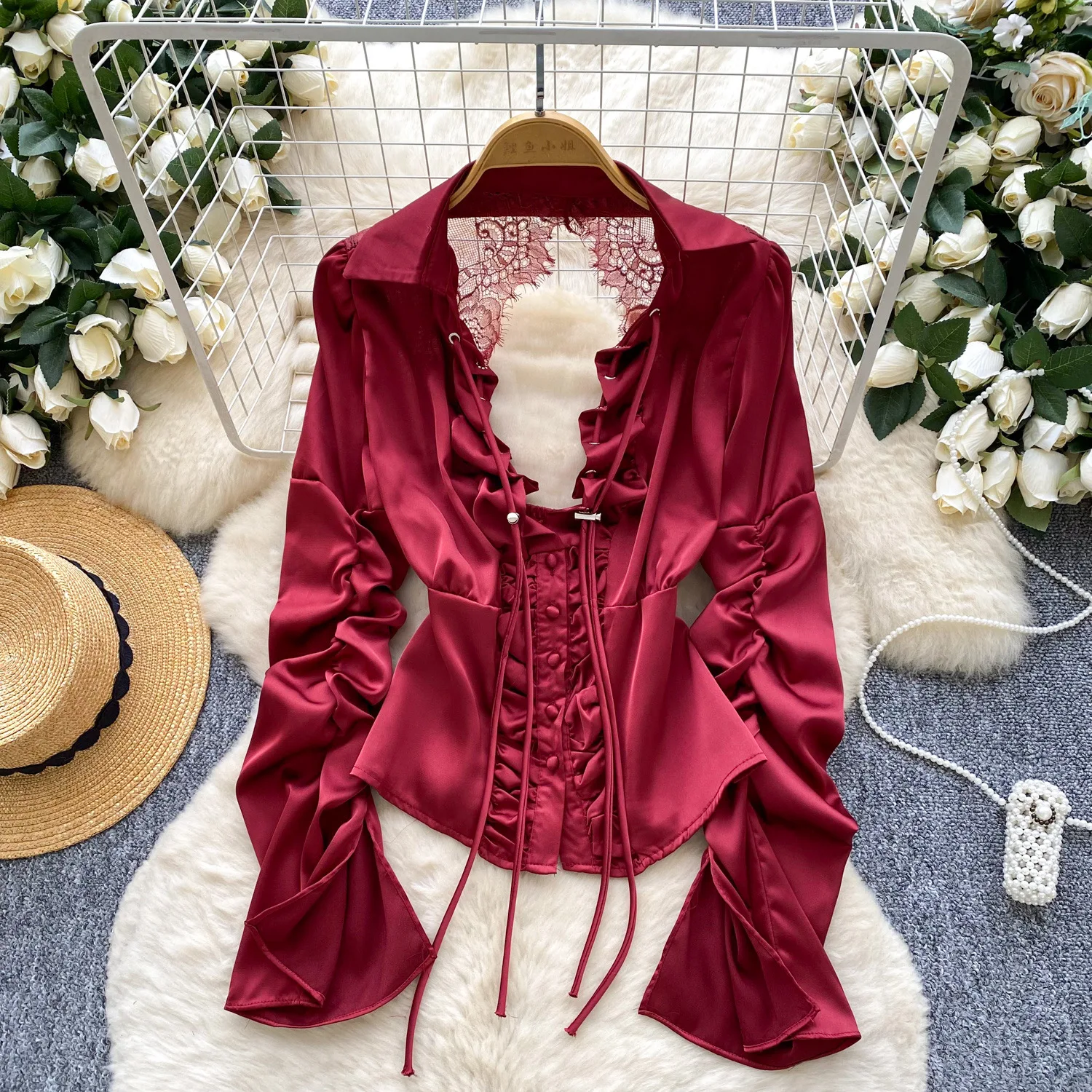 

2026 Spring Luxury Lady V Neck Long Sleeve Shirt Women Stylish Tie Waist Blouse Chic Backless Bandage Design Slim Casual Daily