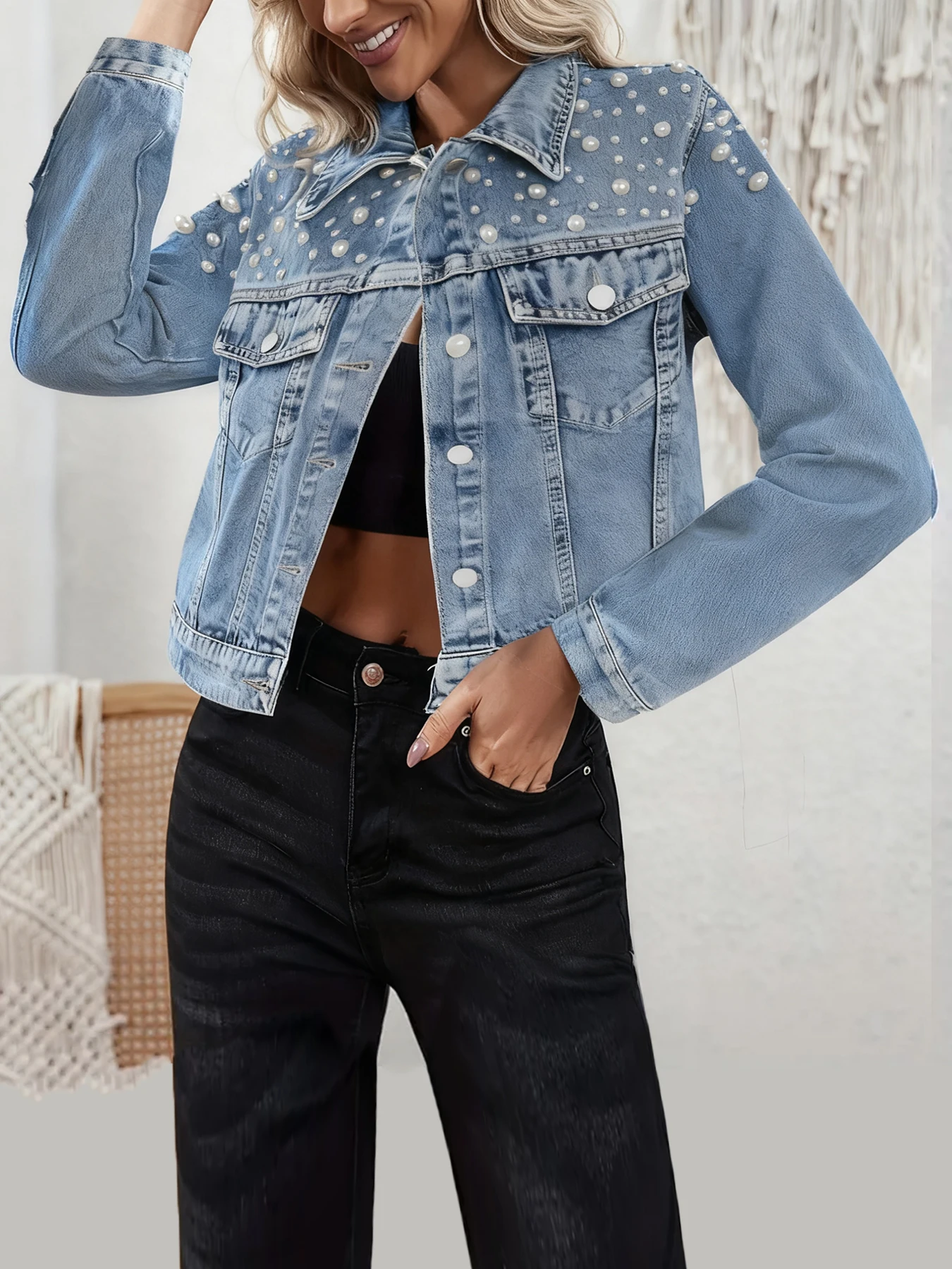 プラスサイズ レディース カジュアル デニムジャケット パール装飾 ウォッシュ加工 快適 ルーズフィット レディース ジーンズジャケット