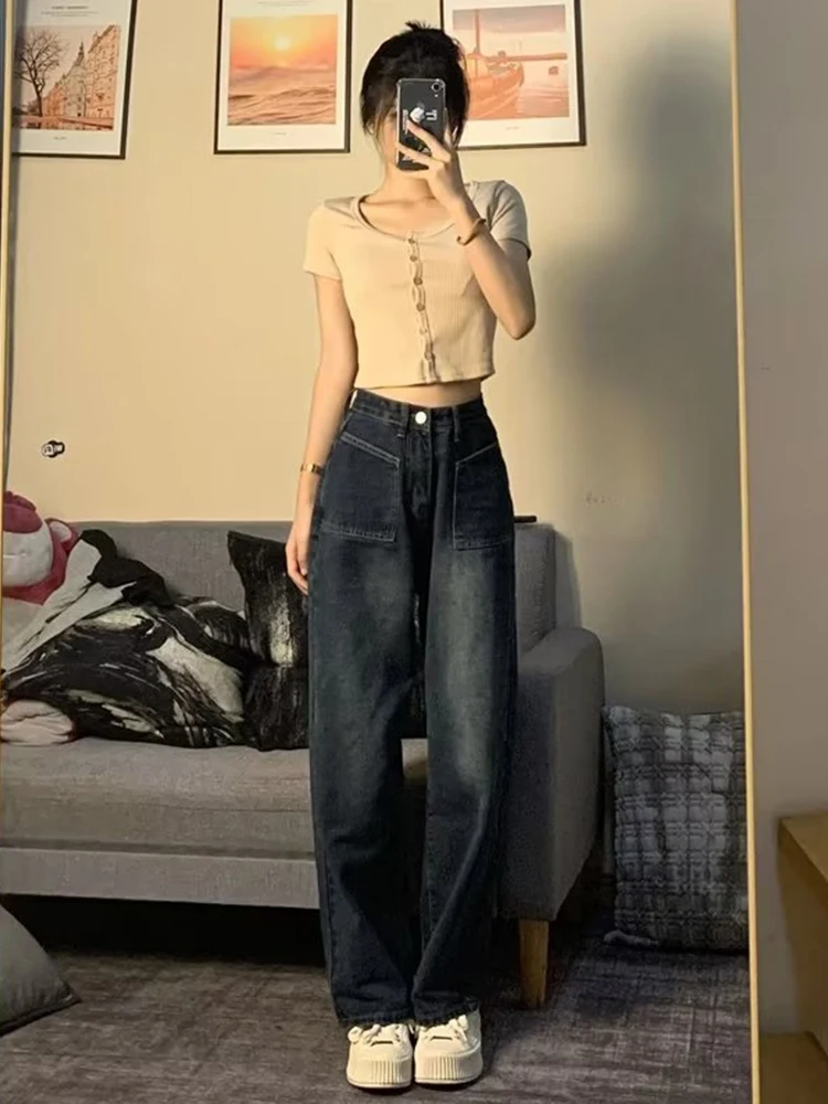High Waist Wide Leg Denim Jeans for Pear aped Women plus Size Autumn Faion Slimming Trousers Vintage Sle Button Closure