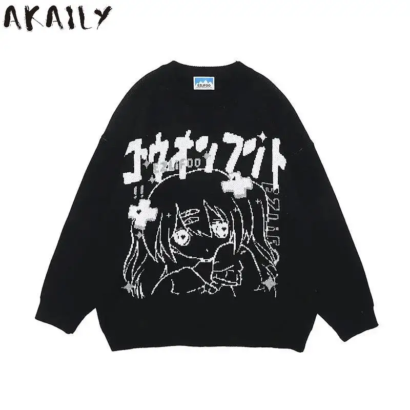 

Akaily Sweater Oversize Y2k Tops Long Sleeve Jumper Autumn Anime Pullover Goth Streetwear Knitted Coat Vintage Kawaii Clothing