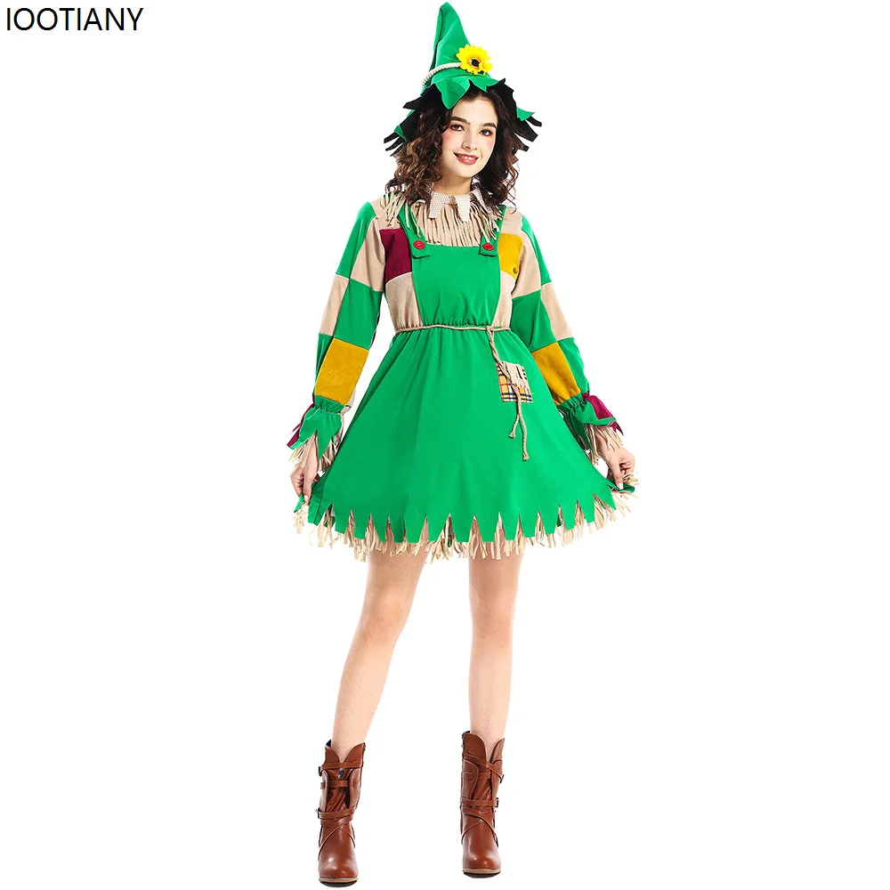 Halloween Adult Green Scarecrow Cosplay Costume Women Beggar Poor Drama Stage Performance Outfit Carnival Party Dress Up New