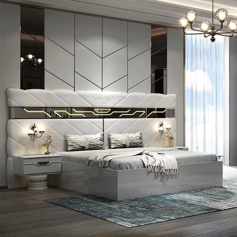 Modern Full Bedroom Furniture Set Wood Frame King Room Home Storage LED Light Emitting Diode Royal Deluxe Design Decor