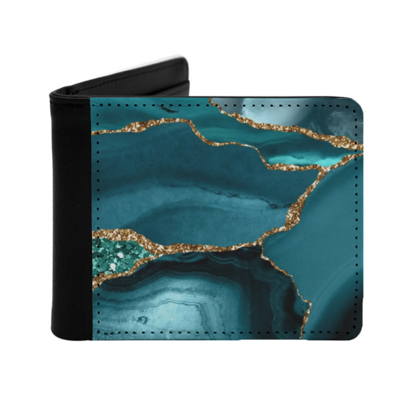 Abstract Teal Blue And Gold Glitter Modern Geode Agate Design Personalized Men's Leather Wallet Card Money Bag Pu Leather