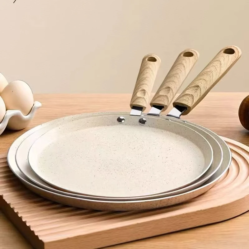 Steak Pan Non-Stick Crepe Pancake Pan Cookware Wooden Handle Aluminum Omelet Pan 8Inch Beige Frying Pan Breakfast