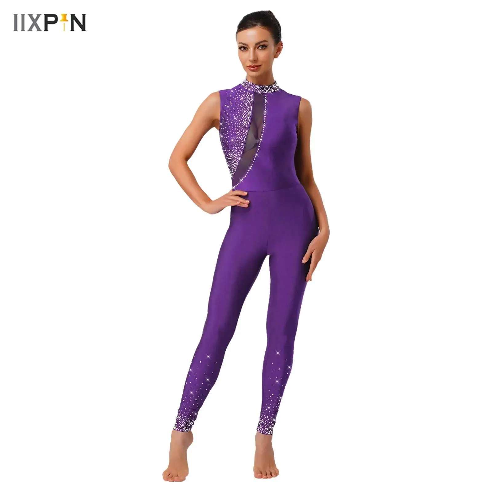 

Women's Gymnastics Rompers Bodysuit Glittery Rhinestones Sleeveless Bodycon Unitard Jumpsuit for Yoga Workout Dance Competition