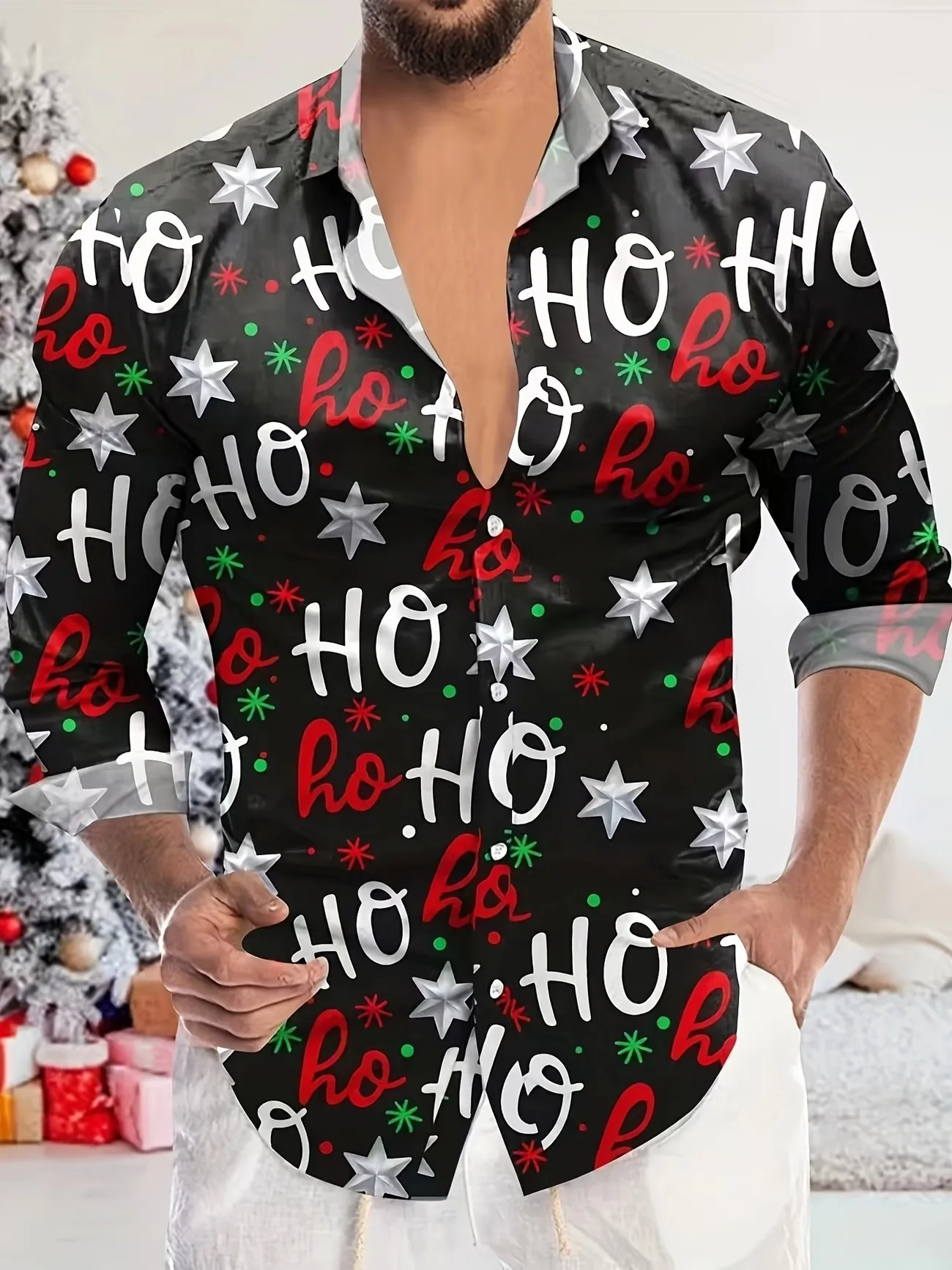 New Cartoon Christmas Theme Men's Collar Shirt Chimney Santa Claus Gift Bag Snowflake Full Print Long Sleeve Top