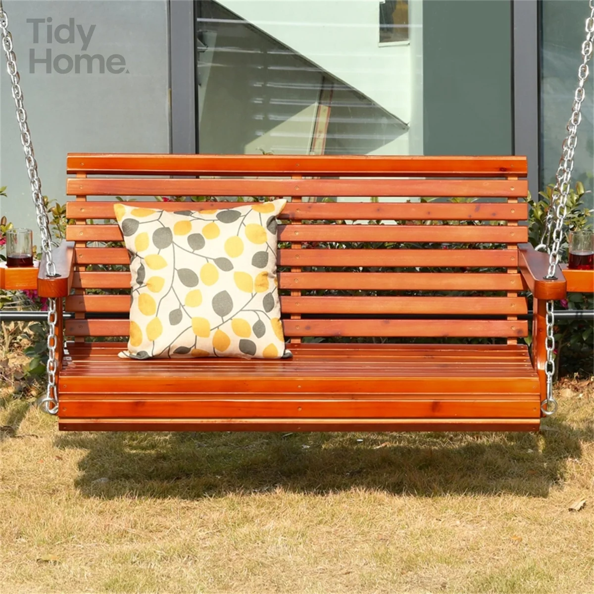 

2-местное кресло-качалка для патио на открытом воздухе-коричневые, деревянные качели для крыльца, подвесная скамейка для сада на открытом воздухе, водонепроницаемая, прочная с подстаканниками