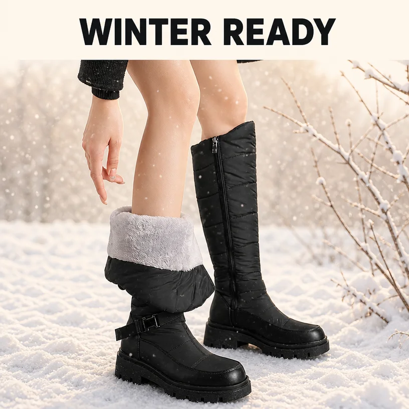 Winter Snow Boots Light Thick Heel Lace Plus Size Knee High Waterproof Shoes Warm Casual Daily Booties Black