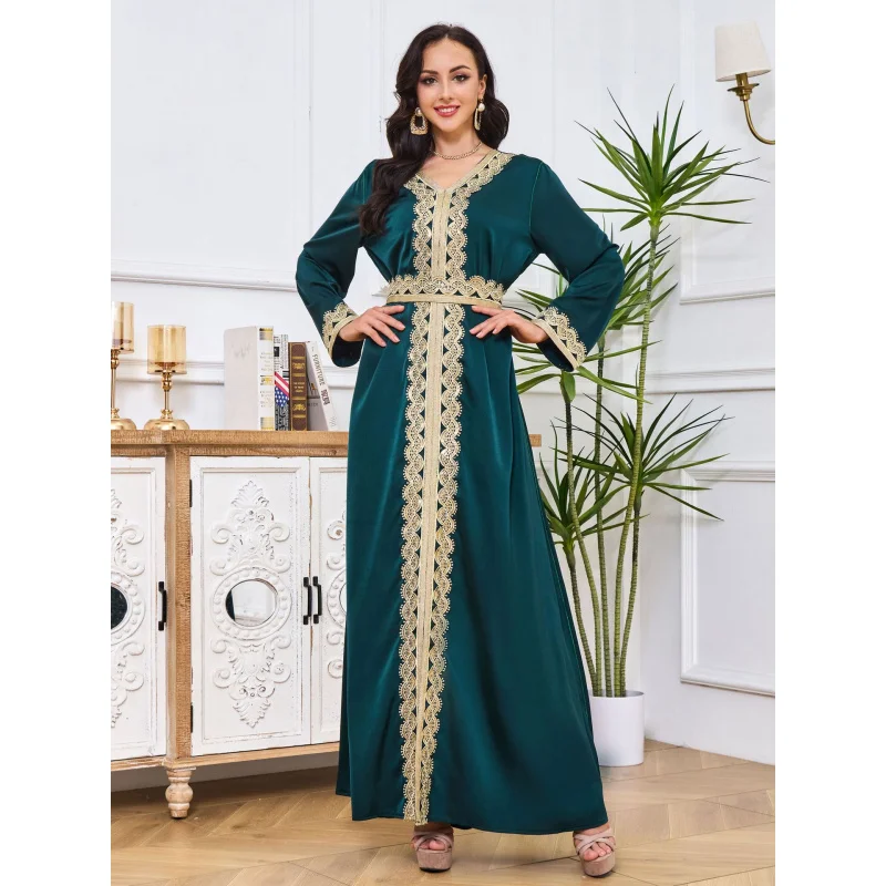 

048 Middle Eastern new style robe women's dress embroidered sequin lace elegant dress women
