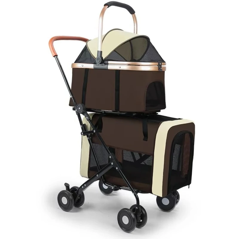 Luxury Double-Layer Pet Stroller for Dogs and Cats, Foldable Oxford Fabric Carrier with Large Space for Travel & Camping
