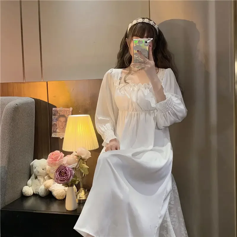 Ruffles Women Nightgown Korean Sleepwear Square Collar Nightwear Solid One Piece Pajamas Autumn Lace Sleeping Night Dress New