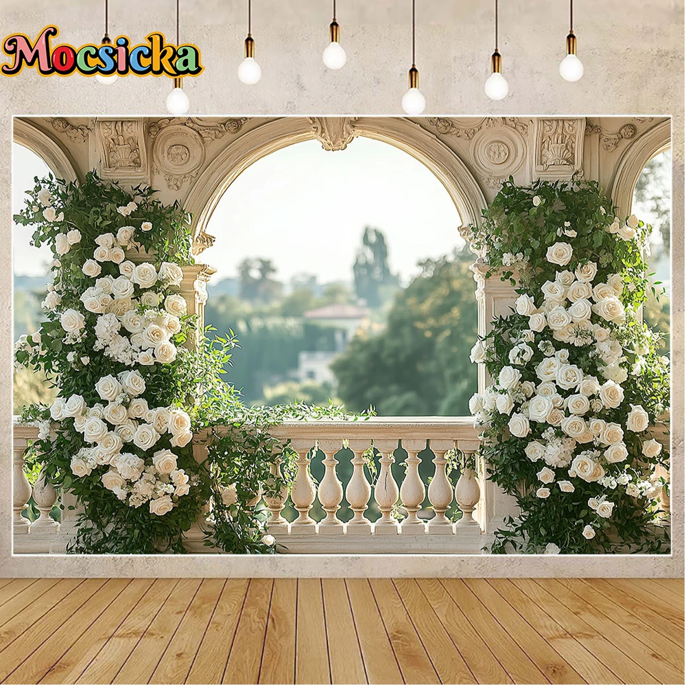 خلفية تصوير على شكل قوس وردي من Mocsicka، أرضية حجرية رمادية فاتحة، إضاءة سينمائية واقعية، خلفية صورة استوديو باستيل ناعمة