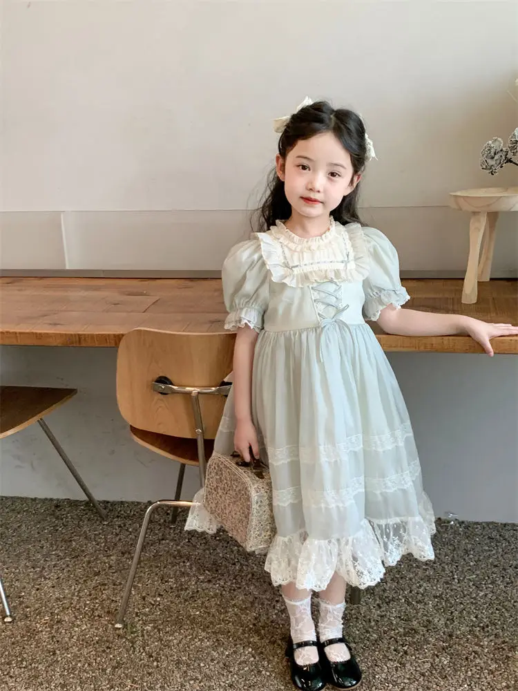 23Girls\' Summer New Princess Dress Children\'s Sweet Western Style Heavy Industry Retro Birthday Lace Dress