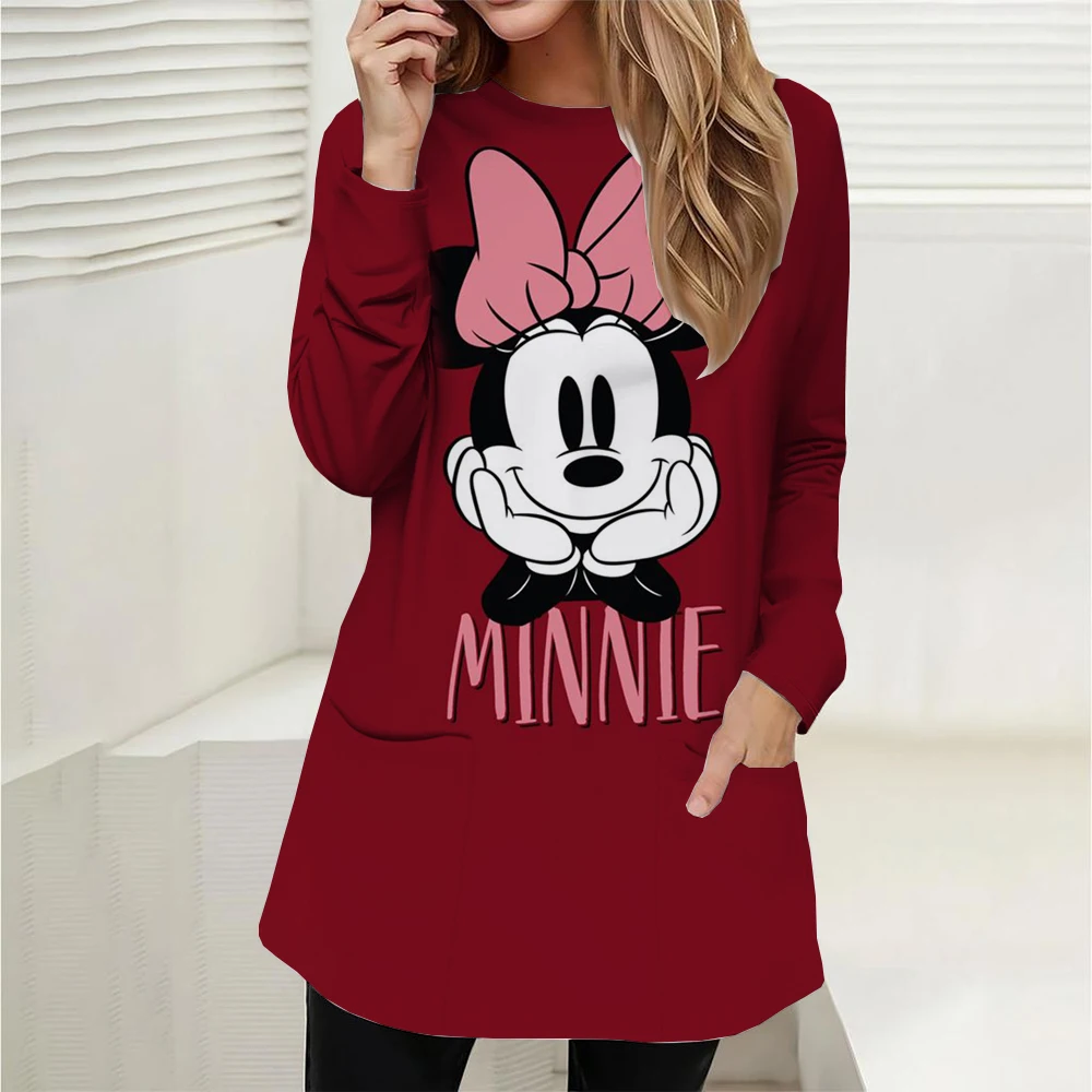 Women's T-shirt Disney Mickey Mouse printed long sleeved top for autumn daily loose long sleeved pocket pullover for women's com