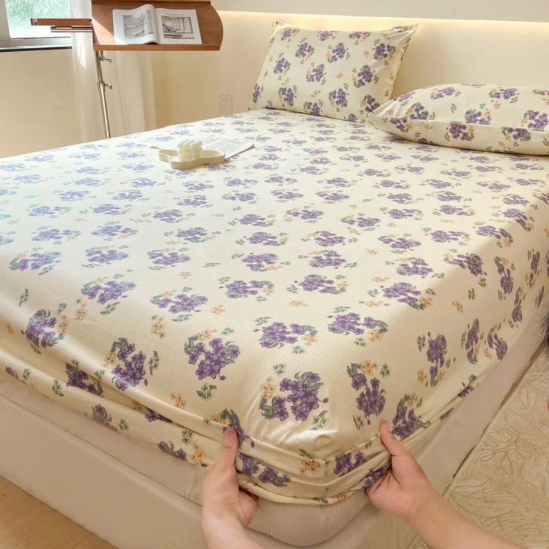 

Fitted Sheet Solid Color Flower Printed Mattress Cover with Elastic Band Bed Sheet Single Double Queen Size Bedsheet 여름 침대 커버