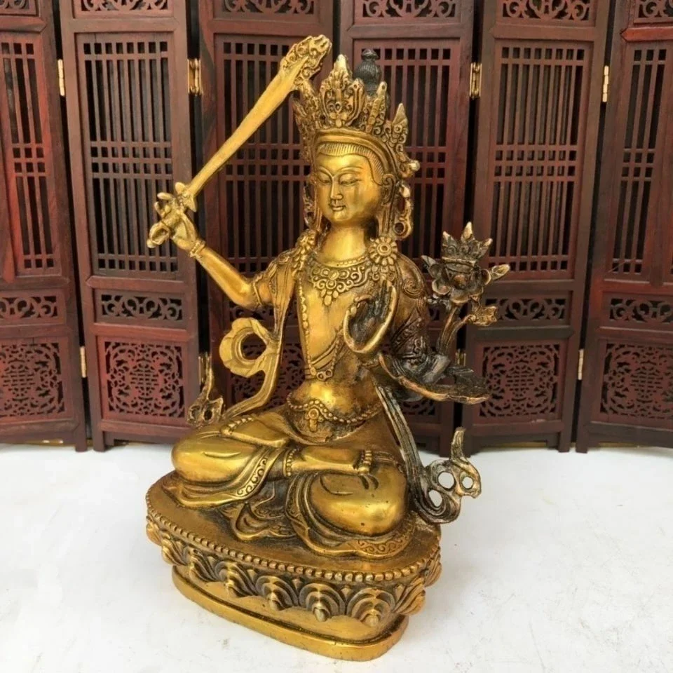 Vintage Brass Manjushri Sculpture Golden Avalokiteshvara Bodhisattva Figurine Oriental Religious Feng Shui Collectible Gift