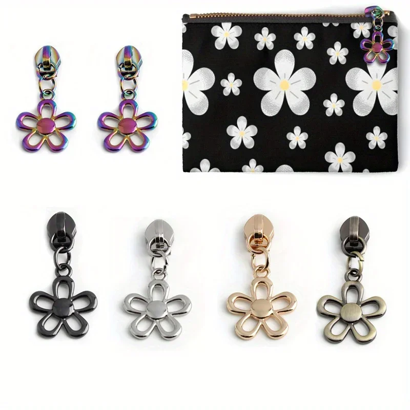 5PCS 40mm 5# nylon tooth hollow flower pendant zipper puller flower shape clothing coat luggage durable metal pull tab slider