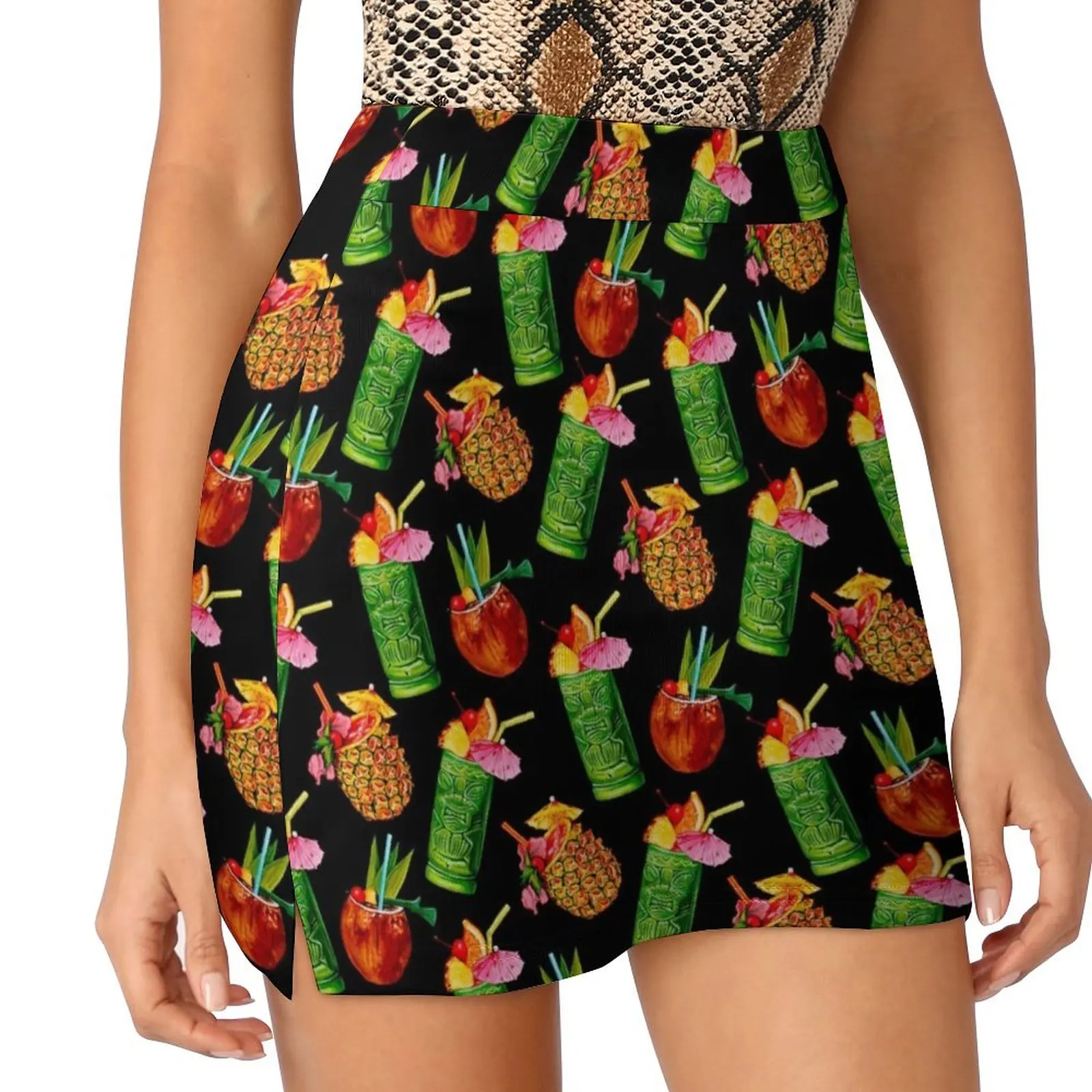 Tiki Cocktail Pattern - Black Mini Skirt Women's summer skirts School uniform