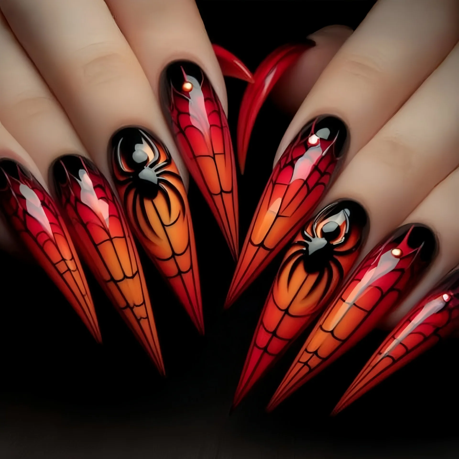 

24pcs Stiletto False Nails Gradient Red Long Almond Fake Nail Spider Design Full Cover Nail Tips Detachable Press on Nails Sets