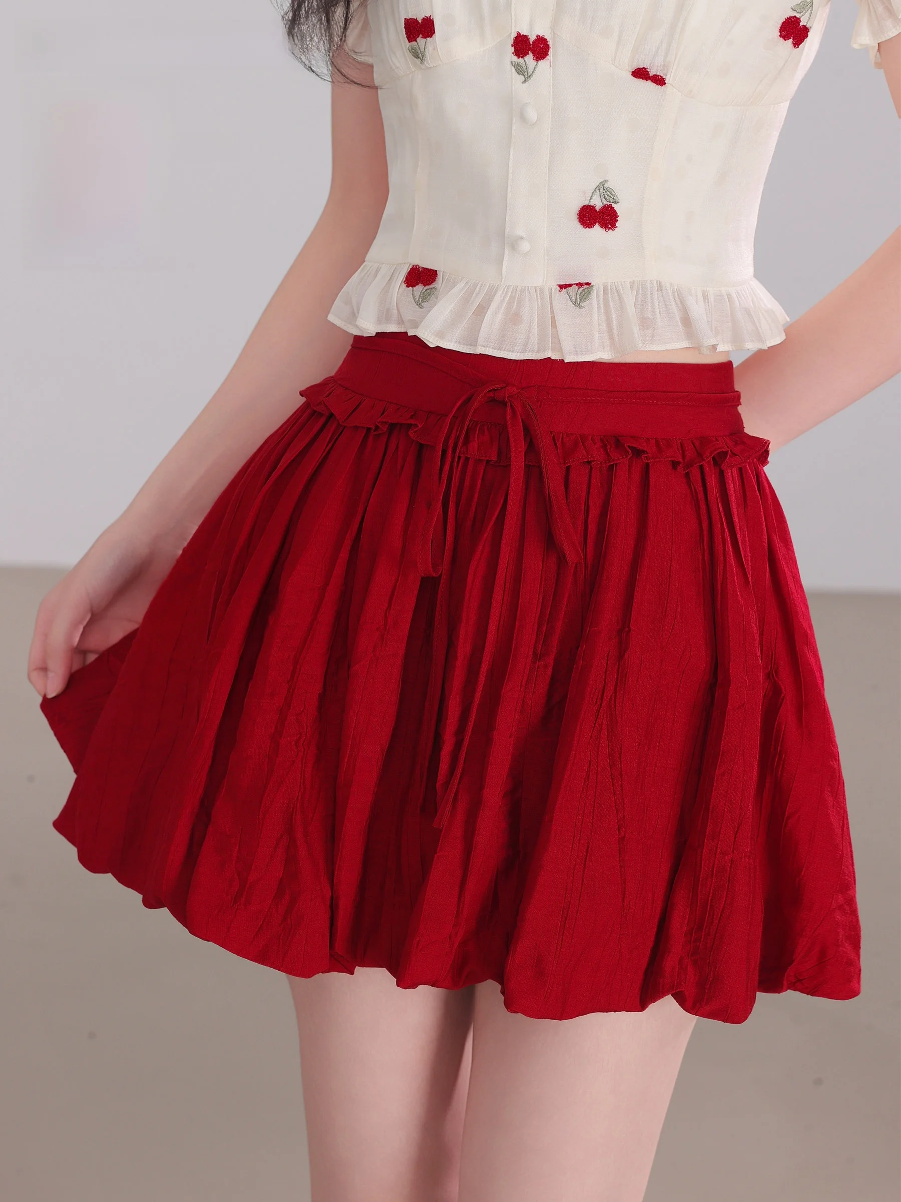 

Red Puffy Flower Bud Skirt Women's Summer Small Size A-Line Pleated ort Skirt High Waist Commute Sle Polyester Fiber