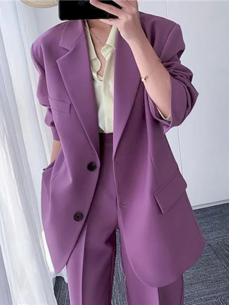 Insozkdg Purple Women Blazers Set 2023 Women\'s Office Suit Coat Vintage Long Sleeve Jacket Casual Female Tops + High Waist Pants