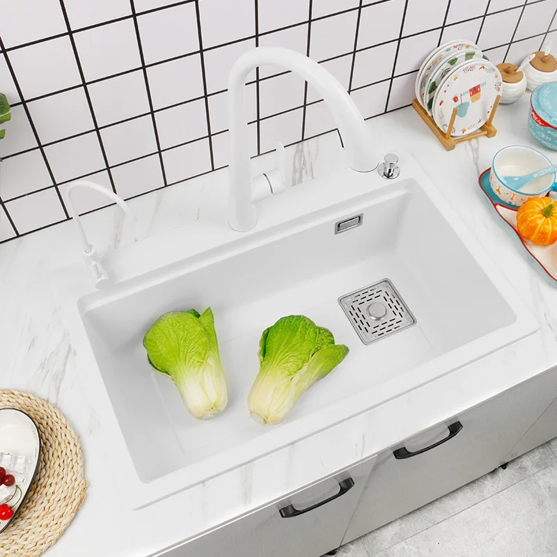 

Quartz stone sink with large single slot kitchen vegetable washing basin thickened under the table basin dishwashing basin grani