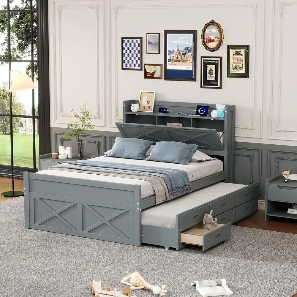 

Gray Storage Bed with Charging Station, Trundle and Drawers, Suitable for Boys and Girls, Noise-Free, No Box Spring Needed