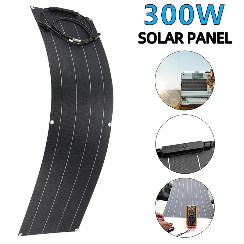 300W Solar Panel 18V PET/ETFE Flexible Monocrystalline Solars Plate Cell Battery System Kit for Marine Camping Boat RV Outdoor