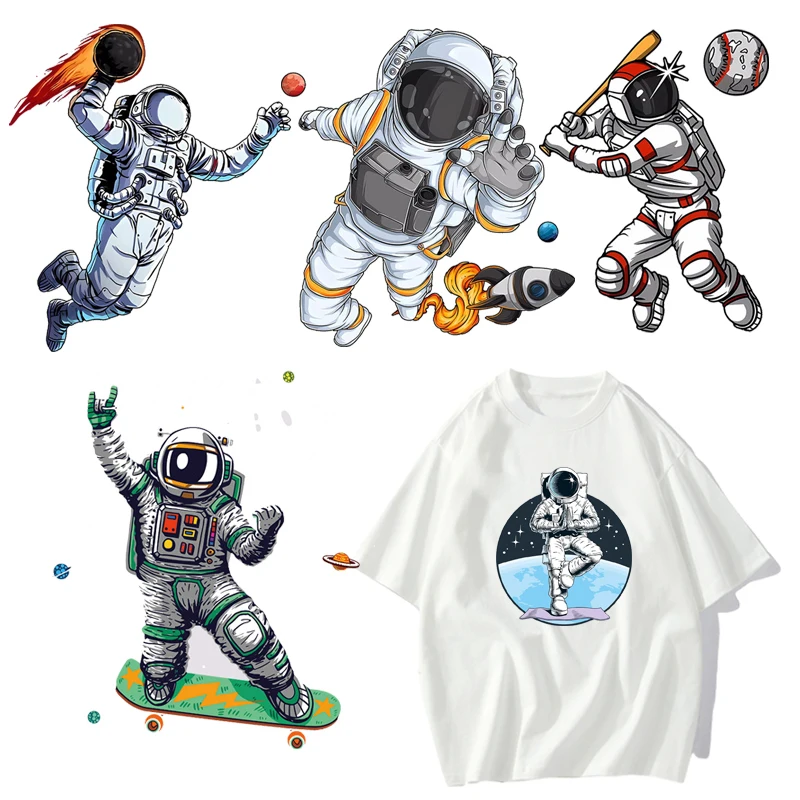 5 types Cartoon Astronaut Space Sports Baseball Basketball DTF Thermo Sticker Decals Heat Transfer Clothes Diy Accessory