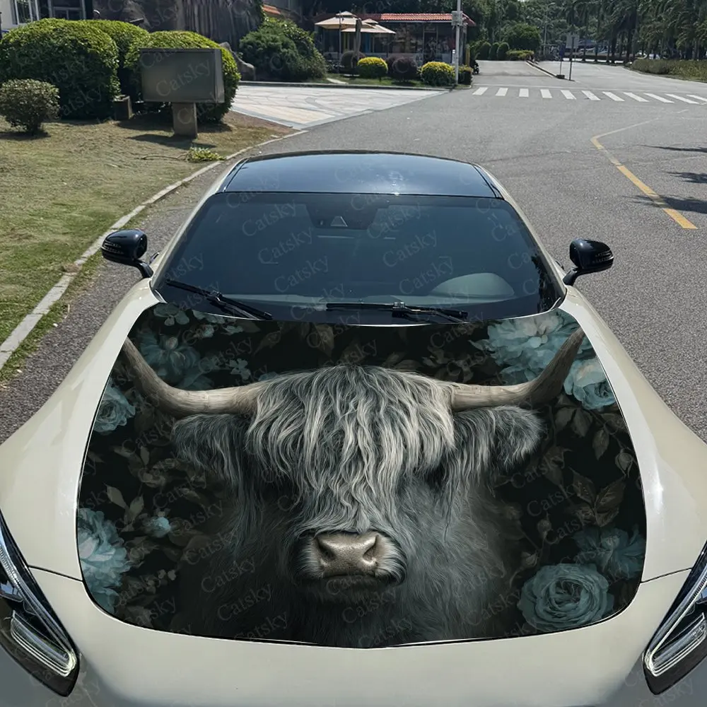 ملصقات غطاء السيارة Blue Rose Highland Cattle، سهلة الإزالة ومتينة لقطع غيار السيارات، ملصقات غطاء محرك السيارة من مادة PVC، وات ذاتية اللصق #3