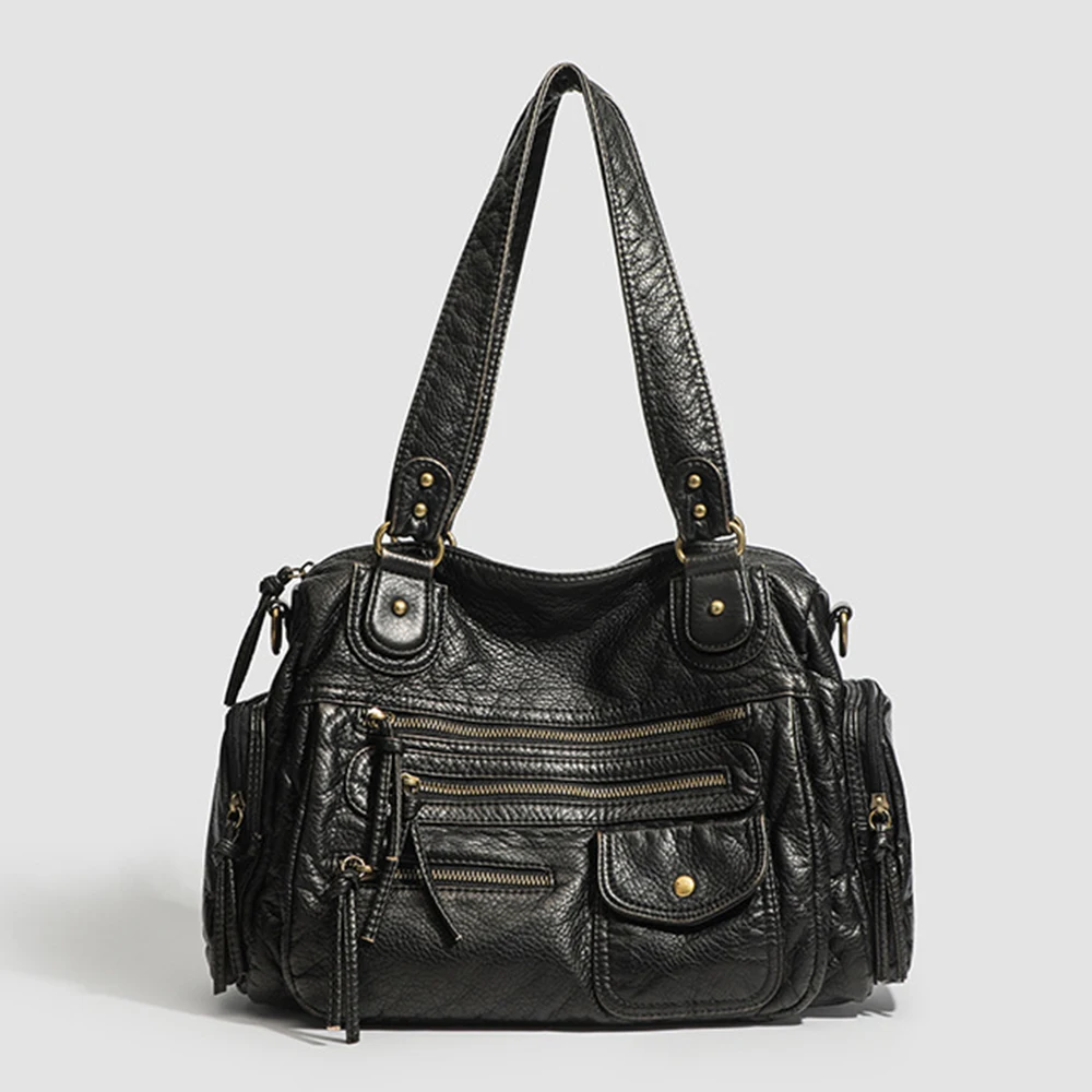 

Retro Multiple Pockets Shoulder Bag Soft PU Leather Tote Bags for Women Studded Handbags Commuting Shopper Purses Crossbody Bag