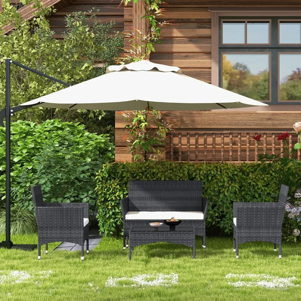 Outdoor Pátio Móveis Set, Cadeira Rattan, Vime Recepção Set, Equipado com Mesa de Vidro Temperado e Almofada, 4-Piece