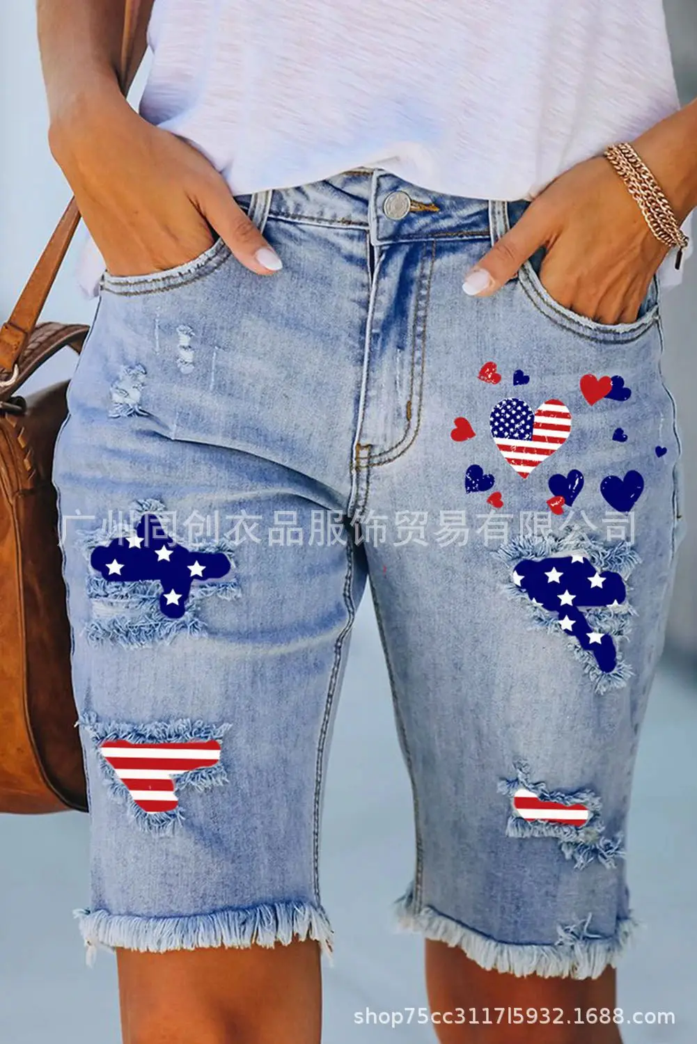 

Straight Jeans Knee Length Pants Women Hole Washed Vintage Shorts Print Mid Waist Stretch Streetwear Distressed Summer Denims