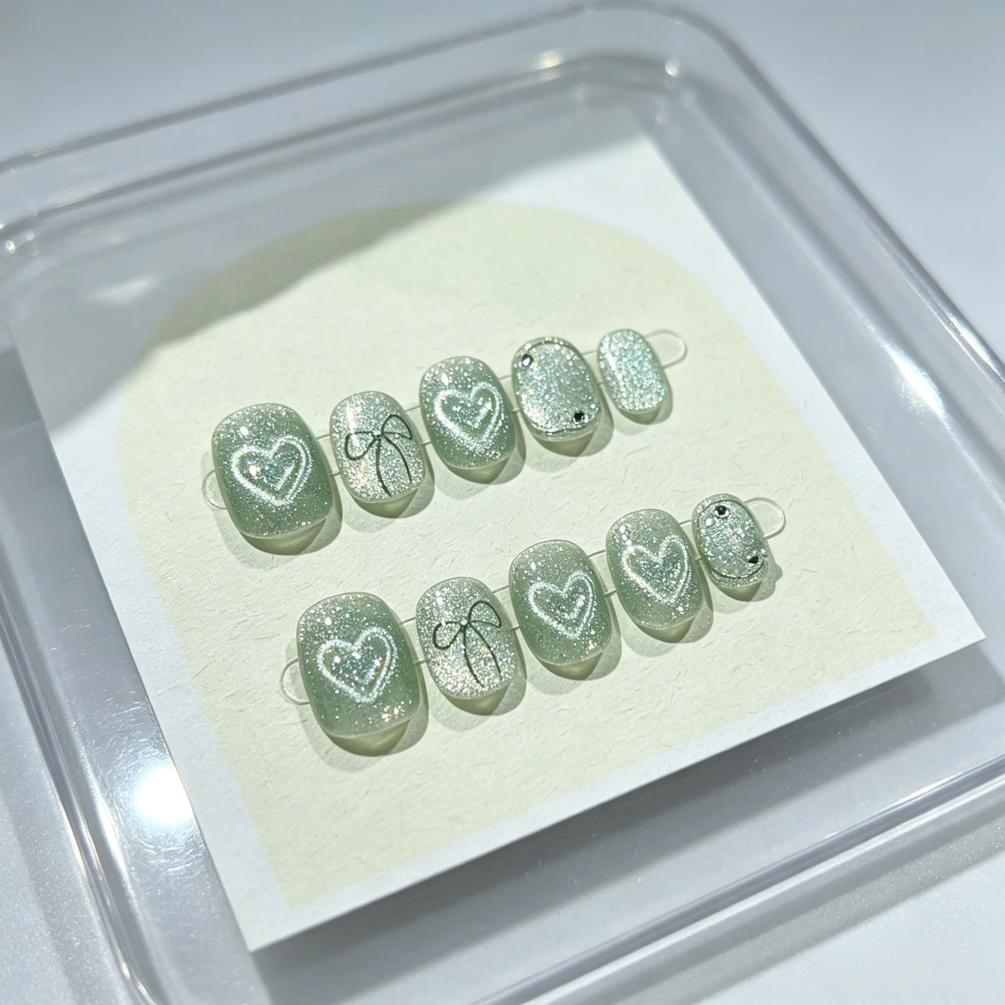 10pcs Mint Green Cat Eye Glitter Handmade Press on Nails Drawn Heart Bow Fake Nail Short Square False Nail for Women&Girl
