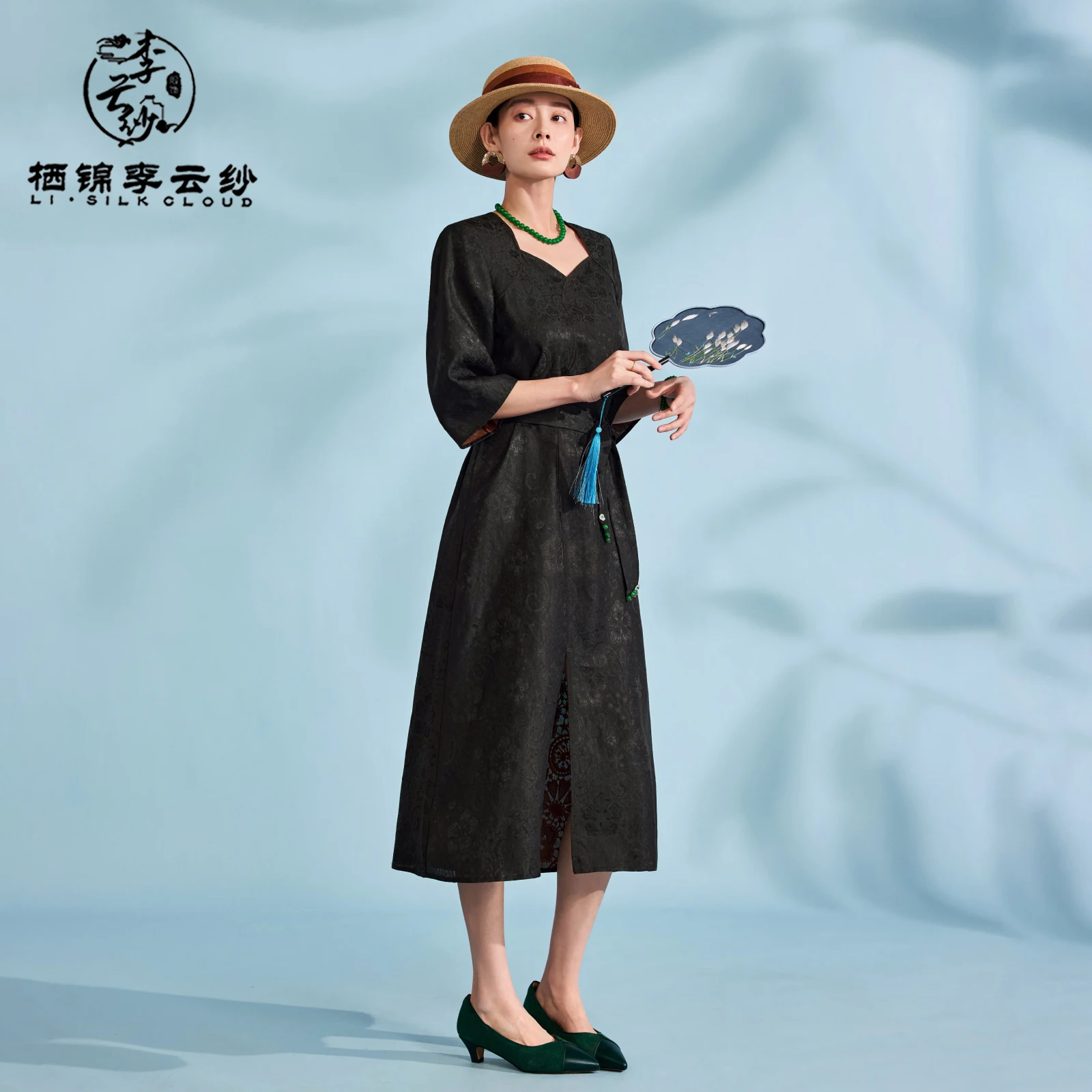 

LI SILK CLOUD xiangyunsha Dress，100% Mulberry Silk ，Tie-Waist Design,Soft Silk Fabric Guangdong Black Pearl Guangdong Gauze