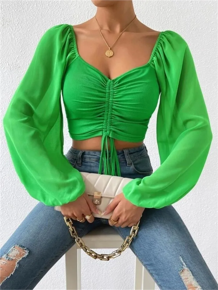 Sexy V-neck Drawstring Lantern Sleeve Slim Short Top Women Summer Fashion Solid Color Office Long-sleeved Shirt Blouse Female