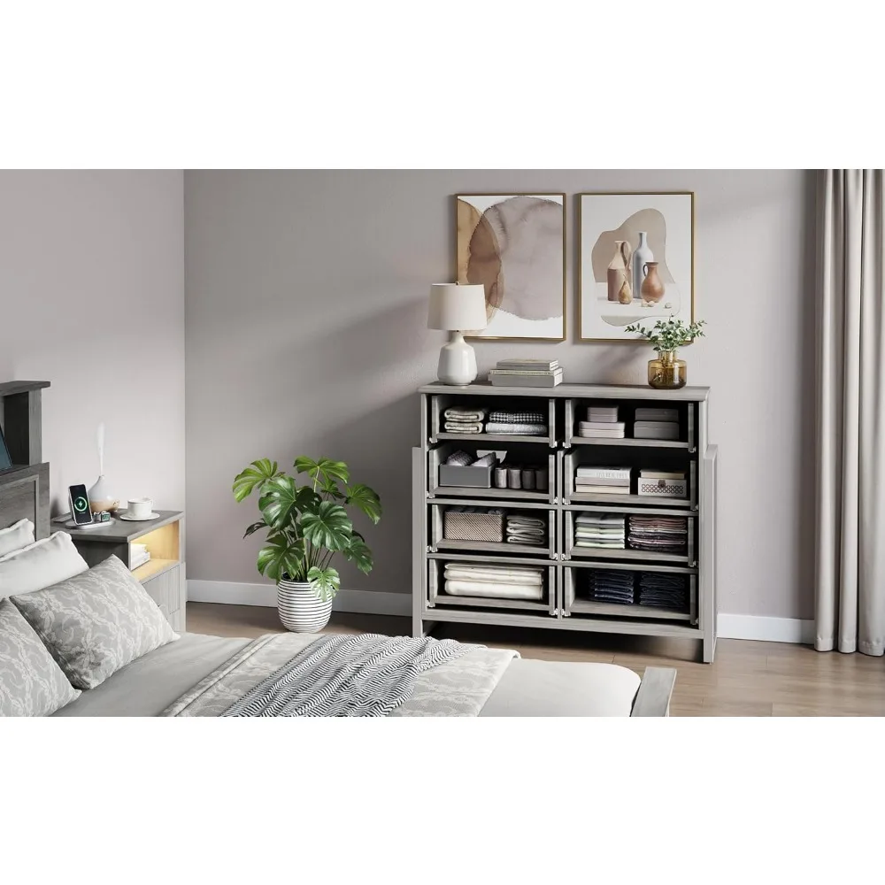 Cômoda cinza canelada LGHM para quarto, cômoda moderna com 50 gavetas de largura, 8 gavetas profundas, cômoda alta de 42,8 com pernas em H elevadas - Curv