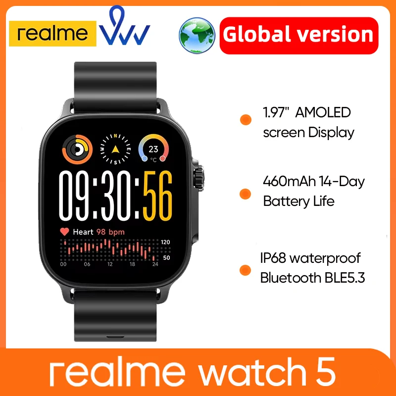 

realme watch 5 Global Version 460mAh 14-Day Battery Life 1.97" 600nits AMOLED IP68 waterproof 300+ Themes Support GPS GNSS