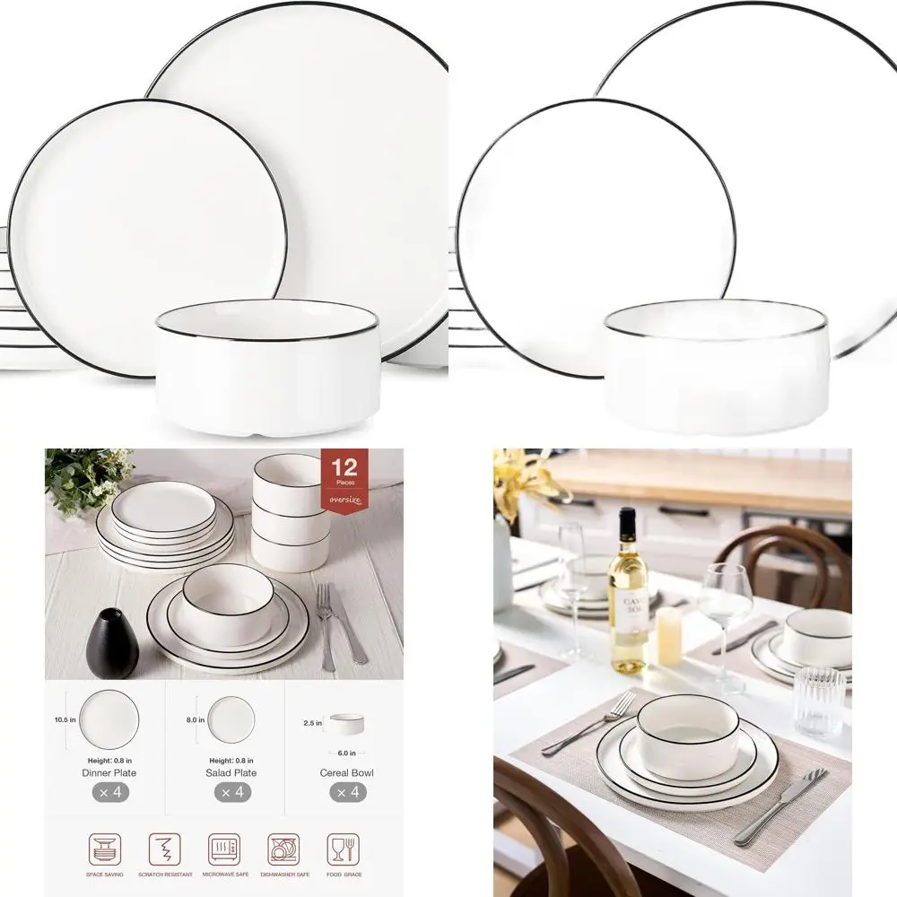 

Modern 12-Piece Porcelain Dinnerware Set, White with Black Accents, Safe for Microwave and Dishwasher, Serving 4