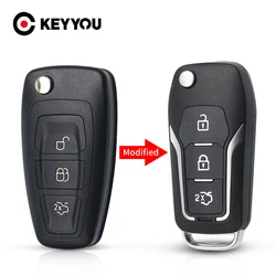 KEYYOU-Modificado Flip Folding Car Shell Remoto Chave, Smart Case Capa Chave, Fob 3 Botões, Fit para Ford Focus 3, Fiesta, Mondeo, C Max