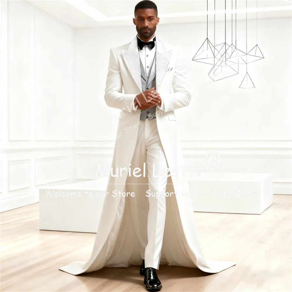 Luxury Suit Attire For Men Glittering Sequins Lapel Prom Blazers Customized Groom Wedding Tuxedos 3 Pcs Italian Design Coat Long