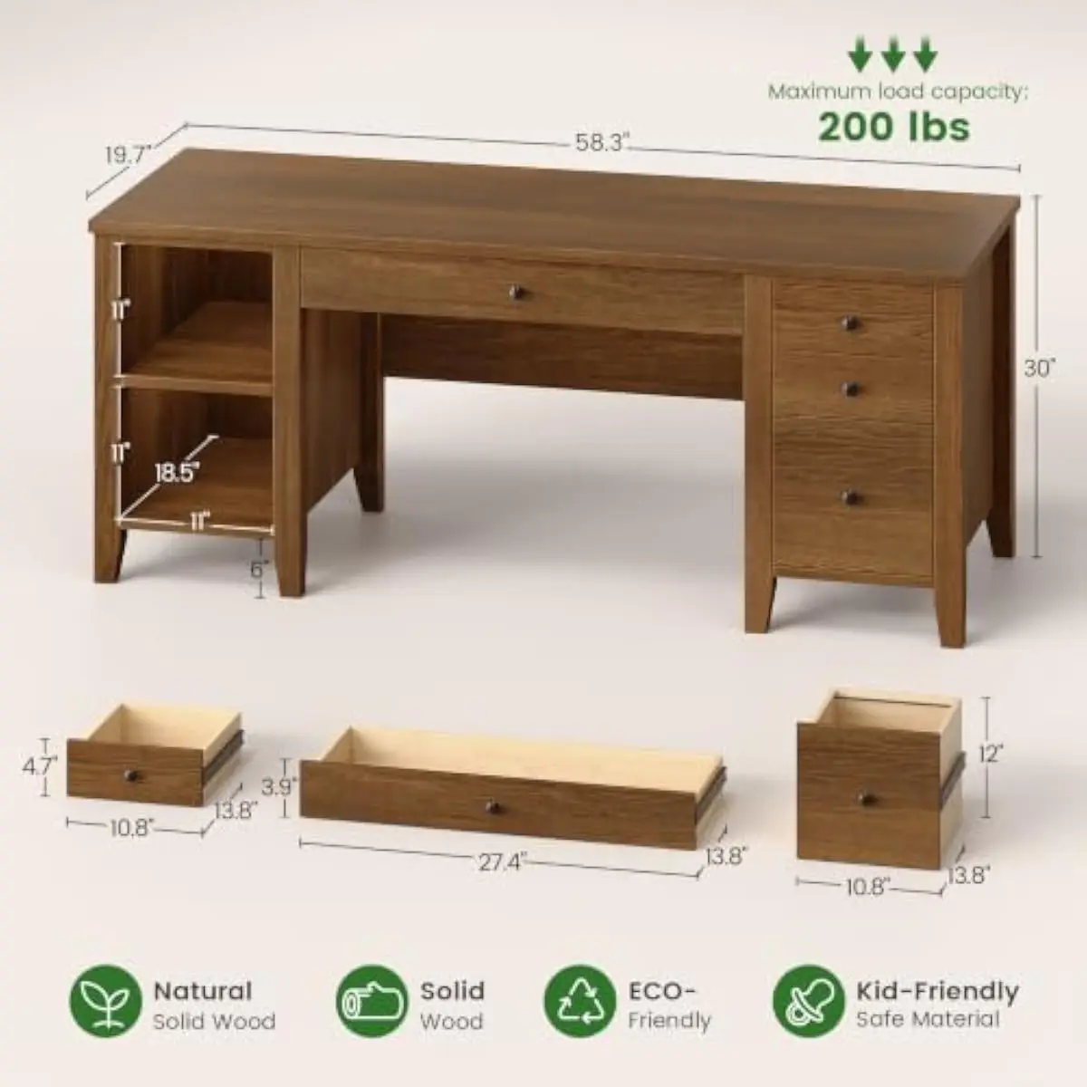 Solid Pine Wood Executive Desk 58 Inch Rustic Home Office Workstation with Four Full-Extension Drawers Two Open Shelves Varnishe
