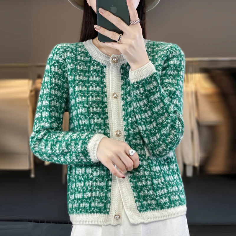 

100%Merino Wool Chic Cardigan Women Autumn Winter Shiny O-Neck SIngle-Button Sweater Korea Fashion Plaid Knitted Jacket Female