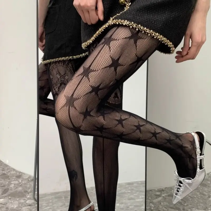 مثير شبكة منقوشة جوارب شبكية الجوف خارج AB تصميم المرأة الجوارب الخماسية نجمة طباعة الشرير سليم الساقين جوارب طويلة من الدانتيل