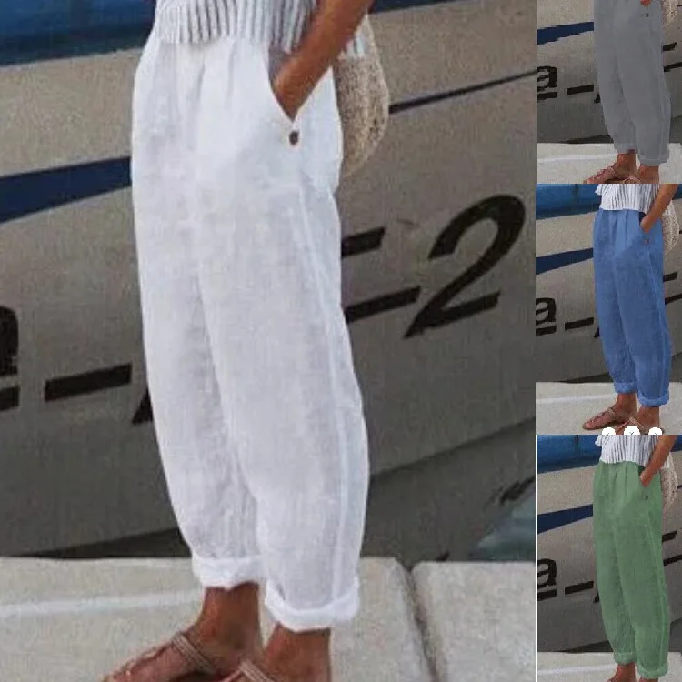 

2025 New Women's Long Pants Elastic Waist Solid Color Straight Pocket Cotton Linen Casual Basic Simple Pants