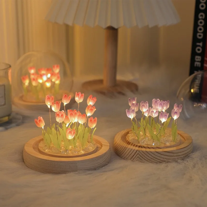 Artificial Tulip Flower Night Light Handmade DIY Bedside Lamp LED Night Lamp Bedroom Decor Christmas Birthday Gifts Table Lamp