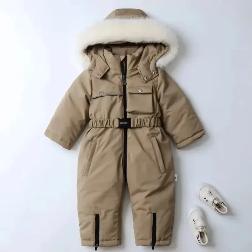 Kid's Ski Suit 2-5Y Fur Lining Boy Snow Suit Wear Girsl Warm Overalls 2024 Winter Children's Thicken Snowsuit Jumpsuit New