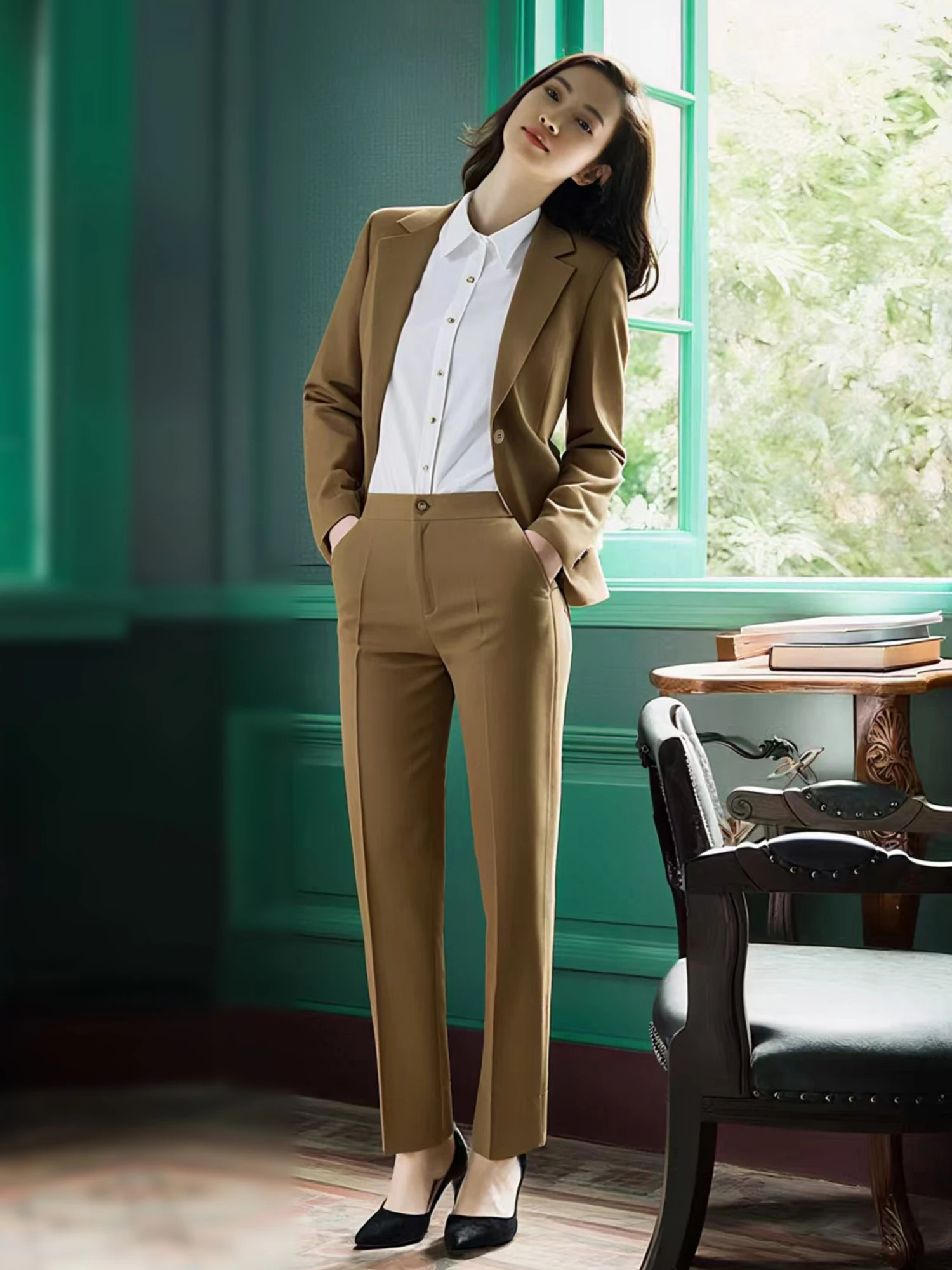 

Осенний женский костюм Jaet Ele Ladylike цвета хаки, комплект профессиональной одежды для приема на стойке регистрации, официальная одежда для интервью