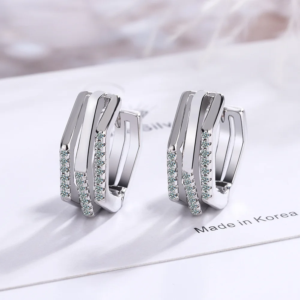 2024 Stamp 925 Sterling Silver needle Geometric Round Hoop Earring For Women Girl Shiny Rhinestone Wedding Jewelry Gift