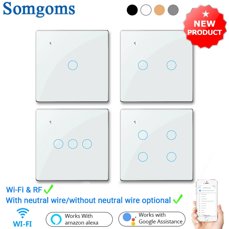 Somgoms WiFi Wall Touch Light Switch RF433 Wireless Remote Control Tuya/Smart Life App Backlight Alexa Google Voice US EU 2/3way